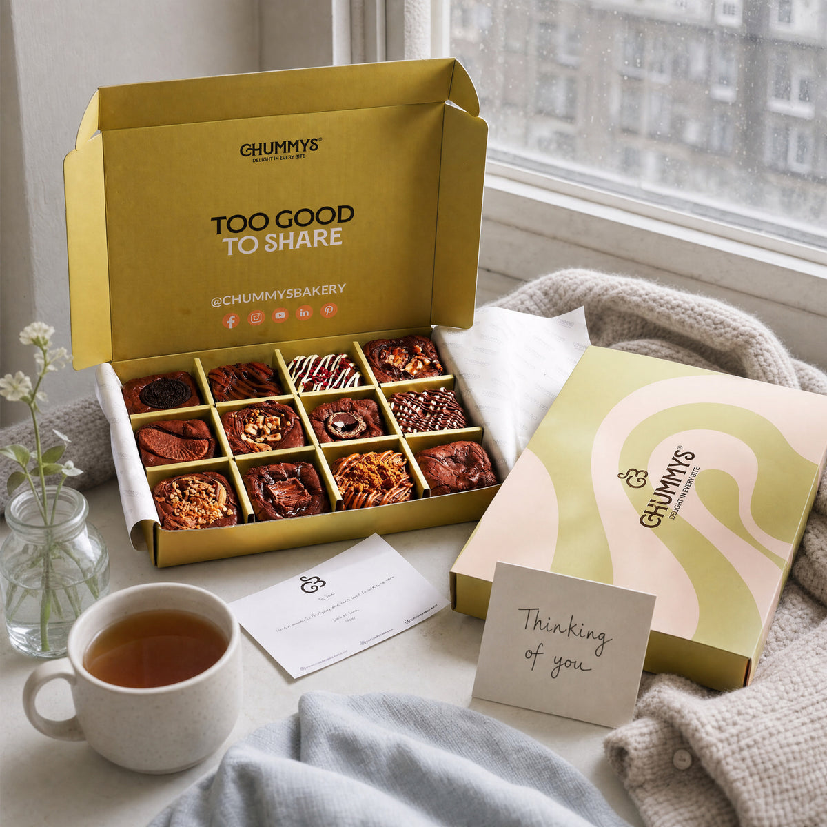 Thinking of You Brownie Gift Box by Chummys Bakery, styled scene