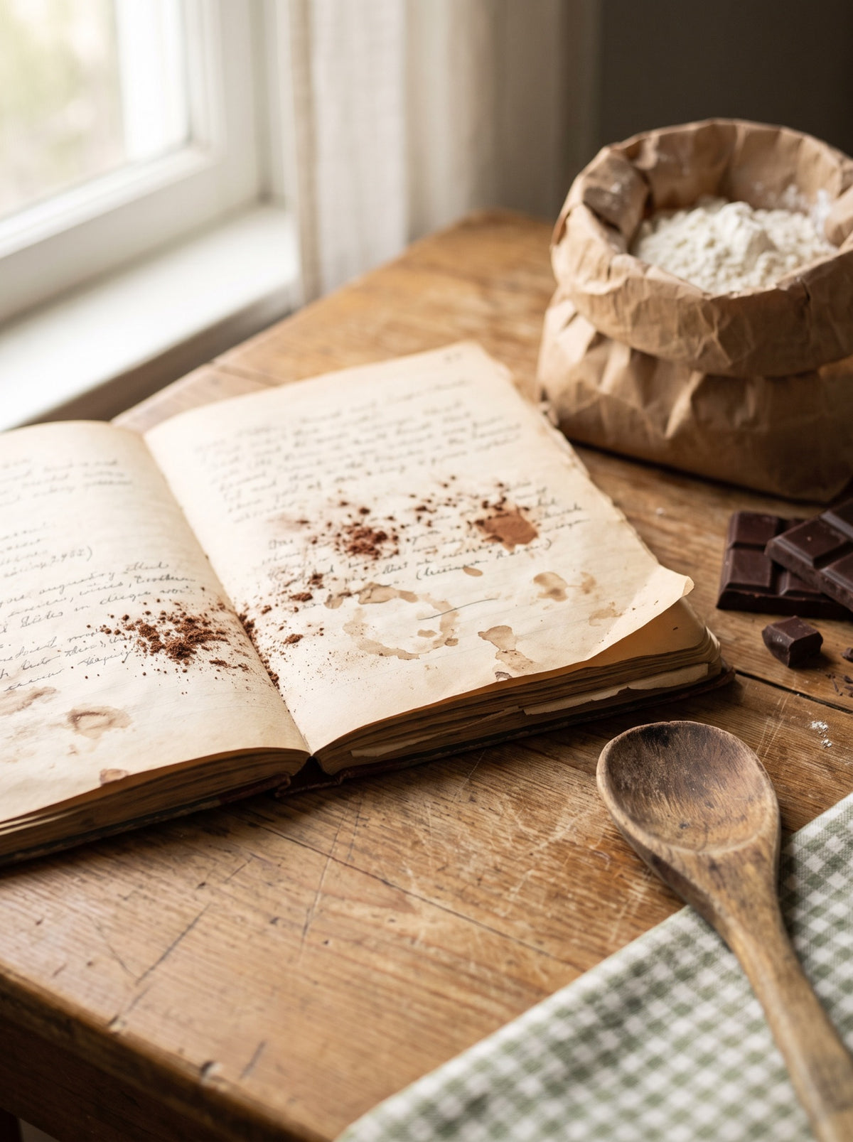 A well-used handwritten recipe notebook on a kitchen table