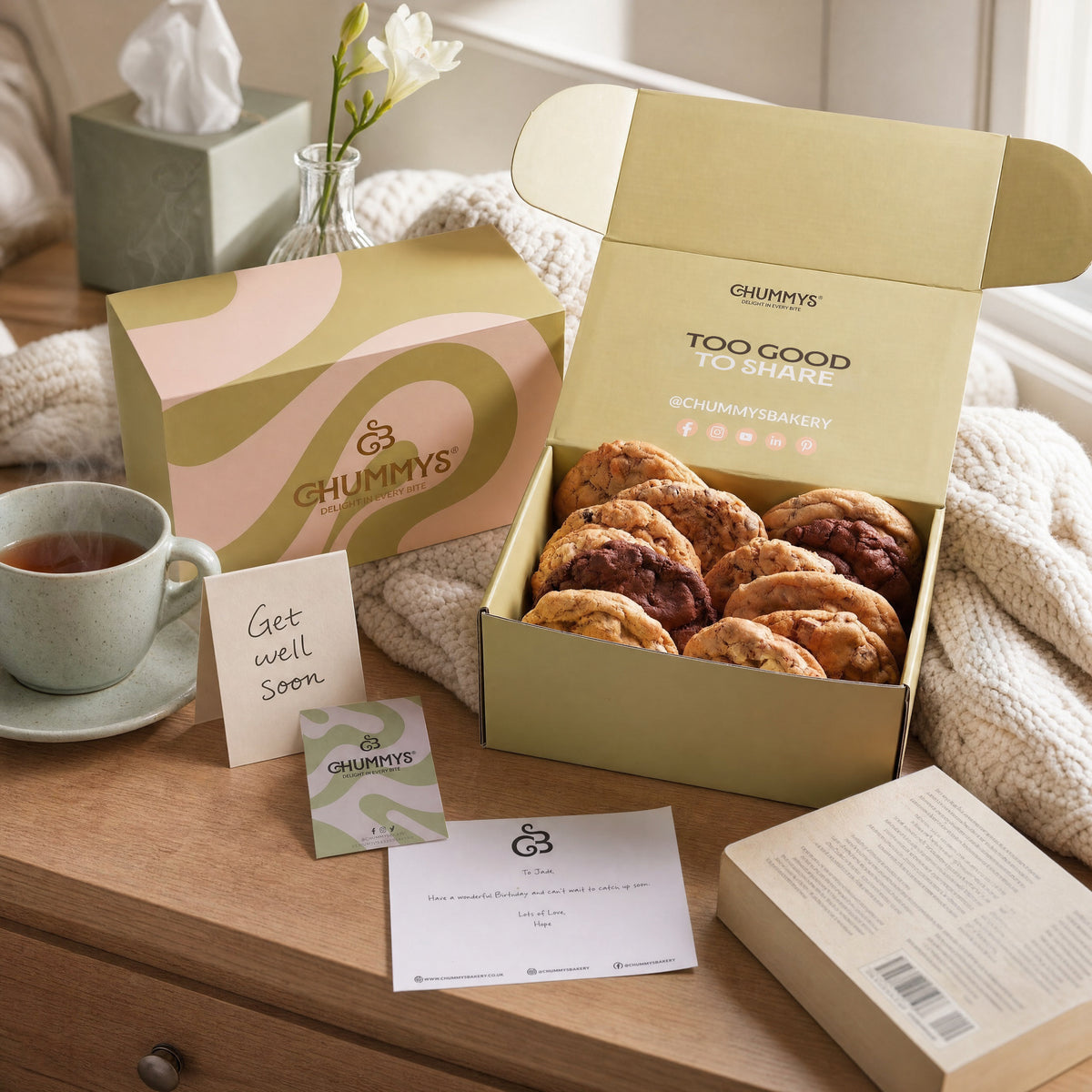 Get Well Soon Cookie Gift Box by Chummys Bakery, styled scene