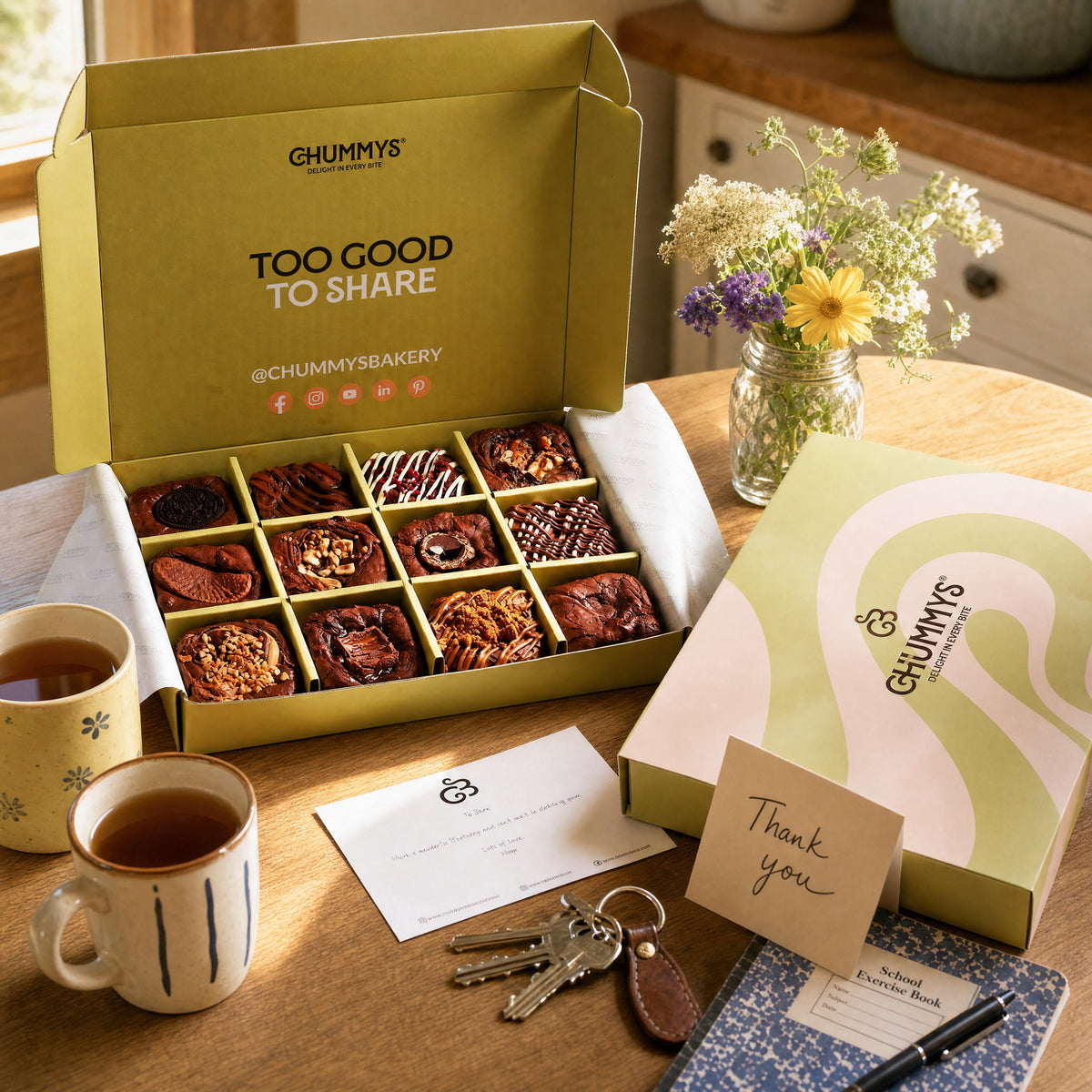 Thank You Brownie Gift Box by Chummys Bakery, styled scene